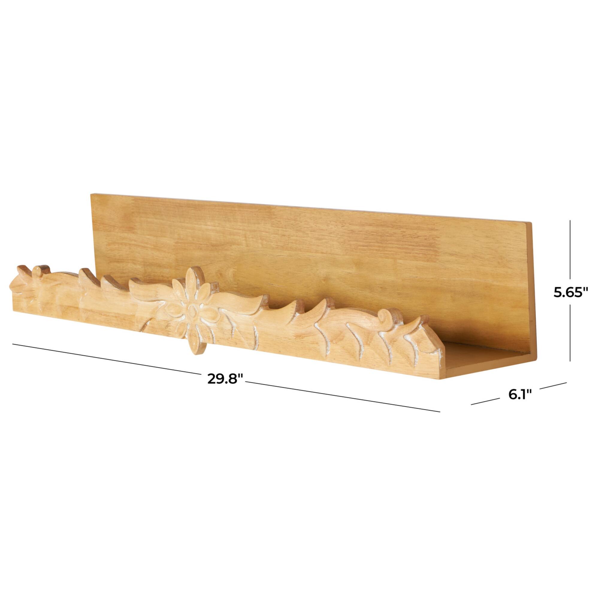 30" Light Brown Wooden Floral Room Wall Shelf with Carved Scroll Lip